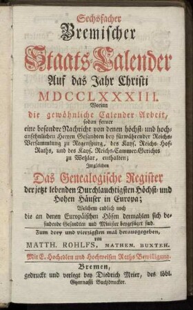 1783: Bremischer sechsfacher Staats-Calender