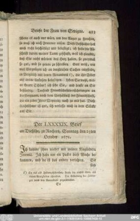 Der LXXXXIX. Brief an Dieselbe, zu Rochers, Sonntag den 25ten October 1671.