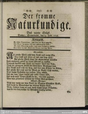 Der fromme Naturkundige. Das vierte Stück. Dantzig, Sonnabends, den 19. Julii.1738