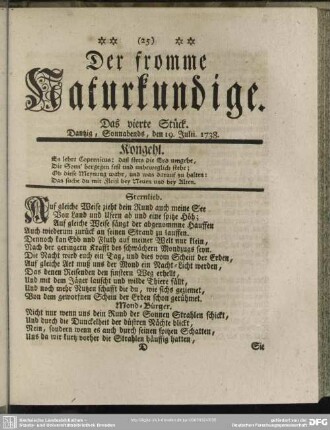 Der fromme Naturkundige. Das vierte Stück. Dantzig, Sonnabends, den 19. Julii.1738
