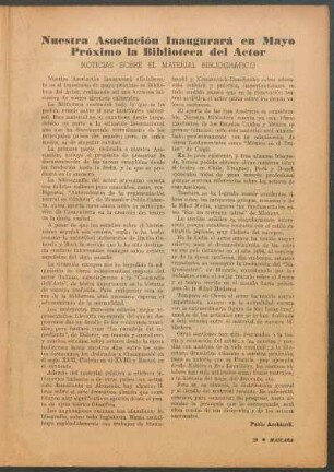 Nuestra Asociación Inaugurará en Mayo Próximo la Biblioteca del Actor : Noticias sobre el material bibliográfico