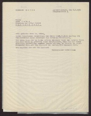 Brief von Herrmann Meyer (1901-1972) an Boaz Cohen (1899-1968) betreffend die Festschrift für Aron Freimann (1871-1948)
