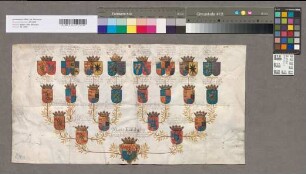16er-Wappenahnentafel der Maria Elisabeth Gräfin von Manderscheid, Blankenheim und Gerolstein.