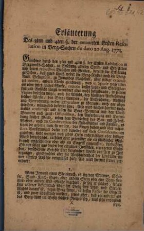 Erläuterung des 3ten und 4ten §. der emanirten Ersten Resolution in Berg-Sachen de dato 20 Aug. 1771 : Bayreuth, den 21 May 1773