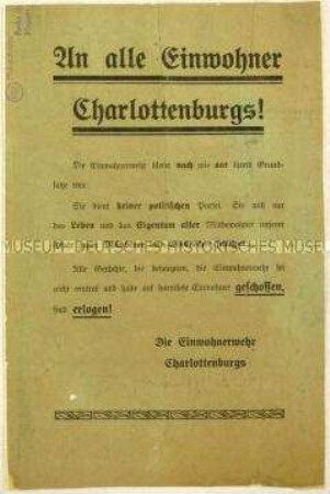 Flugblatt über die politische Neutralität der Einwohnerwehr Charlottenburgs