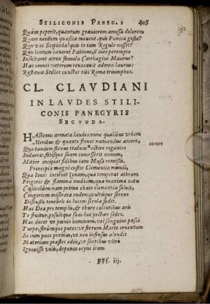Cl. Claudiani In Laudes Stiliconis Panegyris Secunda