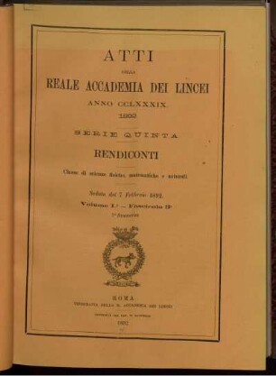 Seduta del 7 Febbraio 1892 Volume I. - Fascicolo 3.