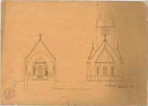 Schmidt, Heinrich von; Oberhilbersheim; Neue Ev. Kirche - Aufriss, Schnitt