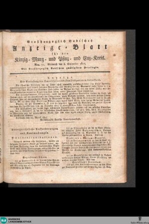 Grossherzoglich Badisches Anzeige-Blatt für den Kinzig-, Murg- und Pfinz-Kreis, Großherzoglich Badisches Anzeige-Blatt für den Kinzig-, Murg-, Pfinz- und Enz-Kreis