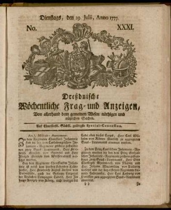Dienstags, den 29. Julii, Anno 1777. No. XXXI. - Dienstags, den 16. Septbr. Anno 1777. No. XXXVIII.
