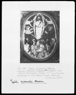 Fragment aus einem Chorbuch: Initiale P mit Himmelfahrt Christi