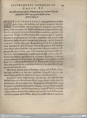 Caput XX. De Instrumenti usu in dimetienda latitudine Fossae et altitudine Muri, propontis bellici irruptorii fabrica.