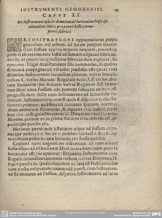 Caput XX. De Instrumenti usu in dimetienda latitudine Fossae et altitudine Muri, propontis bellici irruptorii fabrica.