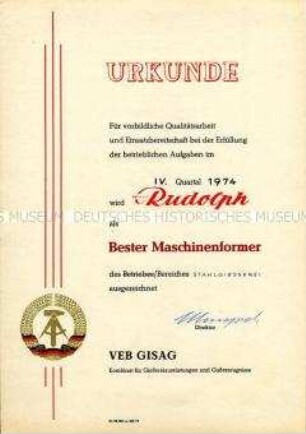Urkunde zur Auszeichnung als "Bester Maschinenformer des Bereiches Stahlgiesserei"