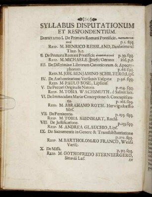 Syllabus Disputationum Et Respondentium
