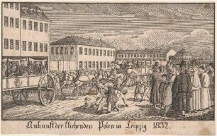 Ausschnitt aus einem Bilderbogen zur Geschichte der Stadt Leipzig (?): die Ankunft polnischer Flüchtline 1832