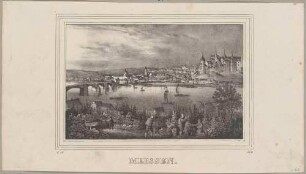 Blick vom Crasso’schen Weinberg am rechten Elbufer über die Elbe auf die Altstadt von Meißen, links die Brücke und rechts der Burgberg mit Albrechtsburg und Dom, aus der Zeitschrift Saxonia 1835