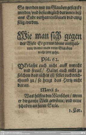 Wie man sich gegen der Welt Ergernis könne auffhalten, damit man vom Glauben nicht irre gehe