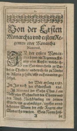 Von der Ersten Monarchia und ersten Regenten oder Monarcha Nimrod.