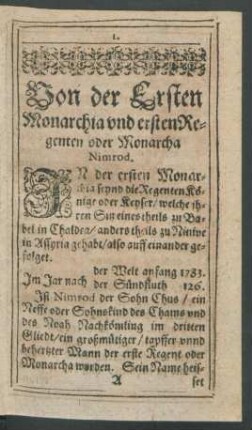 Von der Ersten Monarchia und ersten Regenten oder Monarcha Nimrod.