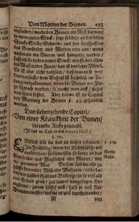 Das siebenzehende Capitel/ Von einer Kranckheit der Bienen/ die rothe Ruhr genandt. (Ist das 16. Cap. in des Autoris libell.)