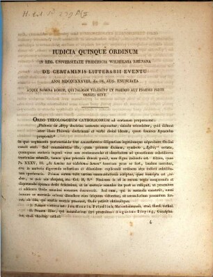 Iudicia quinque ordinum Universitatis Fridericiae Guilelmiae Rhenanae de litterarum certaminibus anni ... facta novaeque quaestiones anno ... propositae. 1838