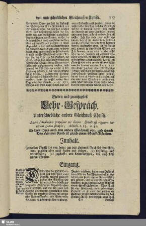 Sieben und zwantzigstes Lehr-Gespräch. Unterschiedliche andere Gleichnuß Christi