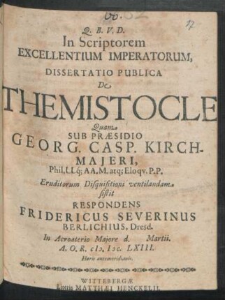 In Scriptorem Excellentium Imperatorum, Dissertatio Publica De Themistocle