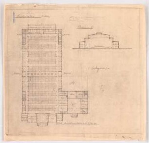 Bauten für die Jahrhundertausstellung 1913, Breslau: Grundriss Erdgeschoss, Querschnitt 1:500
