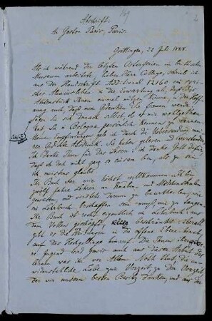 Nr. 2: Brief von Gaston Paris an Paul de Lagarde, in einer Abschrift von Anna de Lagarde, Göttingen, 22.7.1888