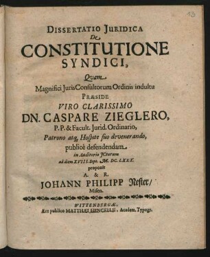 Dissertatio Iuridica De Constitutione Syndici