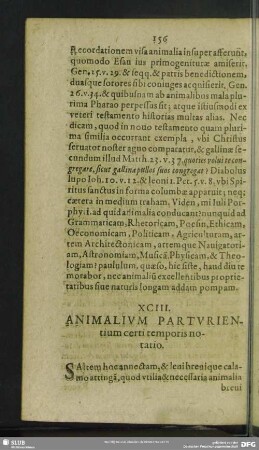 XCIII. Animalium Parturientium certi temporis notatio