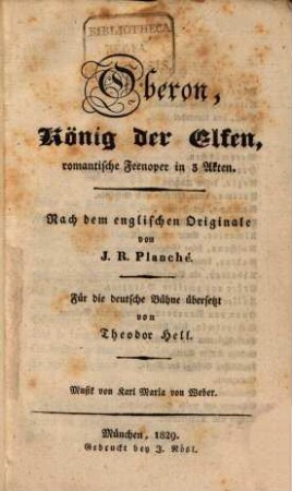 Oberon, König der Elfen : romantische Feenoper in 3 Akten
