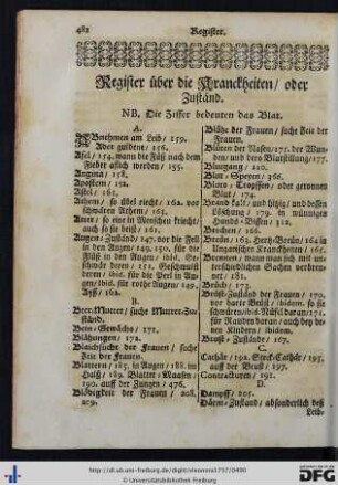 Register über die Kranckheiten, oder Zuständ.