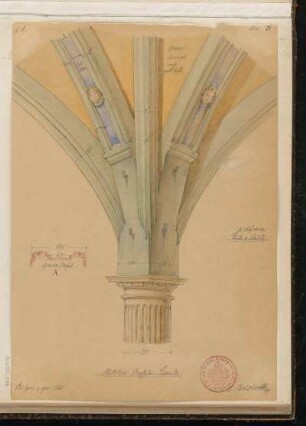 Dorische Säule und Gewölbeansatz mit Gurtbogen und Rippen (perspektivische Ansicht), Gurtenbogen (Profil)