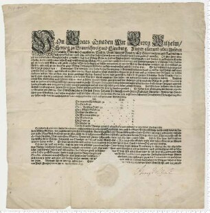 Münzedikt Herzog Georg Wilhelms zu Braunschweig-Lüneburg. Eigenhändige Unterschrift.