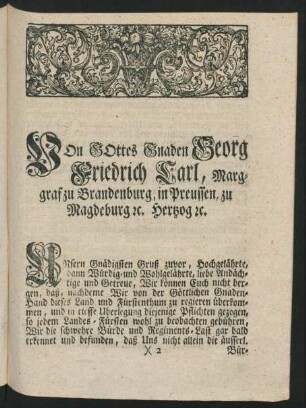 Von Gottes Gnaden Georg Friedrich Carl, Marggraf zu Brandenburg, ...
