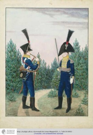Abbildung Des Gros[s]herzoglich Hessischen Militair. [Tafel 19: Regiment Groß- und Erbprinz; Subaltern-Offizier und Hornist der 4. Kompanie]. S.l.e.a. [ca. 1813/14]