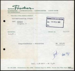 Firmenbriefkopf Fischer, Gerhard, Blumenbinderei, Gartengestaltung, Gartenbaubetrieb und Garten - Center