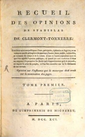 Recueil Des Opinions De Stanislas De Clermont-Tonnerre. 1