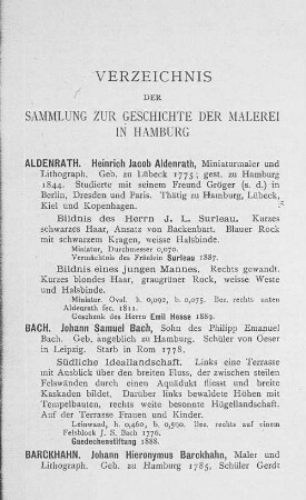 Verzeichnis der Sammlung zur Geschichte der Malerei in Hamburg