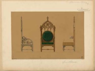 Lehnstuhl Monatskonkurrenz Dezember 1859: Vorderansicht, Seitenansicht, Vertikalschnitt; Maßstabsleiste