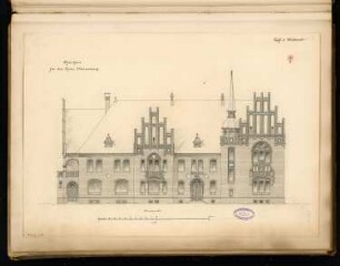Landratsamt (Kreishaus), Marienburg Monatskonkurrenz März 1893: Aufriss Vorderansicht; Maßstabsleiste