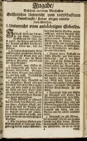 Zugabe, Bestehend aus einem Vierfachen Geistreichen Unterricht vom rechtschaffenen Gottesdienste, sammt einigen auserlesenen Gebethen.