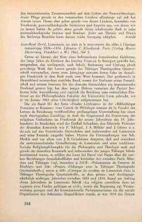 248-249 [Rezension] Derré, Jean-René, Lamennais, ses amis et le mouvement des idées a l'époque romantique