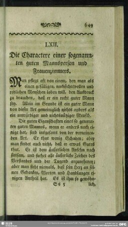 LXII. Die Charactere einer sogenannten guten Mannsperson und Frauenzimmers