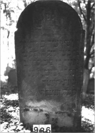 Grabstein 986 (Index: 99899539) Material: Sandstein Zustand: angewittert Maße HxBxT: 130x60x9 cm Beschreibung: Stele mit eingezogenem Rundbogenabschluss, im Bogenfeld Levitenkanne und eine Hand Symbolik: Levitenkanne, eine Hand: Grabstein 986
