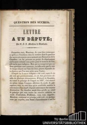 Question des sucres : Lettre à un député