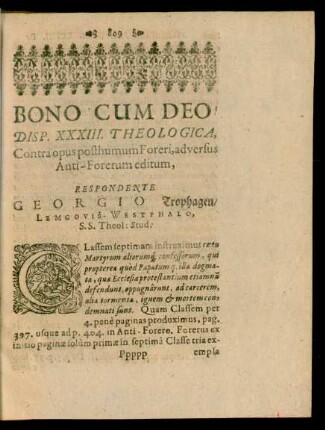Disp. XXXIII. Theologica, ... Respondente Georgio Trophagen/ Lemgovia-Westphalo