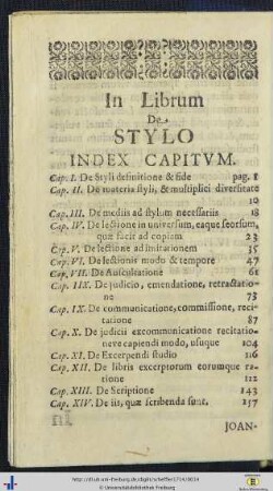 In librum De stylo Index capitum.